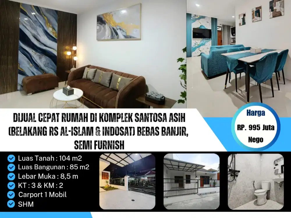 Dijual Cepat Rumah di
Komplek Santosa Asih
(Belakang RS Al-Islam & Indosat) 
Kota Bandung

Perumahan (komplek) yang aman, nyaman, asri, bersih, serta bebas banjir.