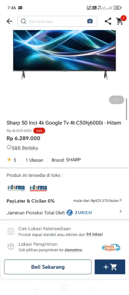 TV Sharp 50 Inc google TV cicilan tanpa DP pakai Indodana paylater
