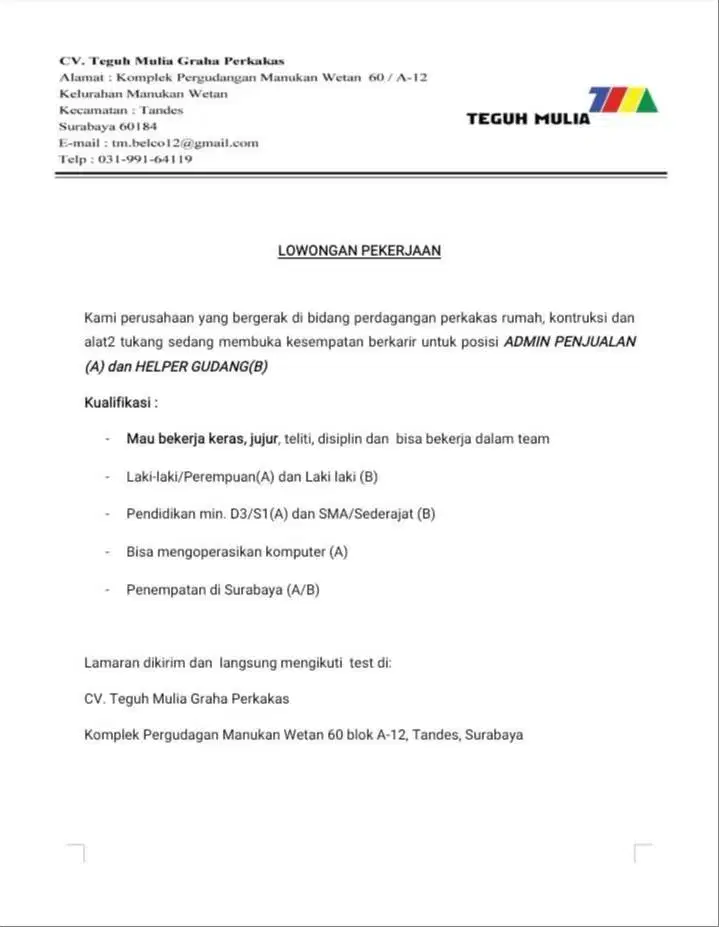 LOWONGAN ADMIN PENJUALAN DAN HELPER GUDANG