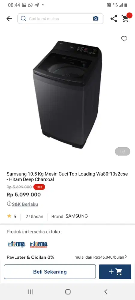 Samsung mesin cuci toploading 10,5kg