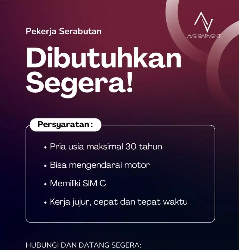 DIBUTUHKAN SEGERA TUKANG SERABUTAN PRIA
