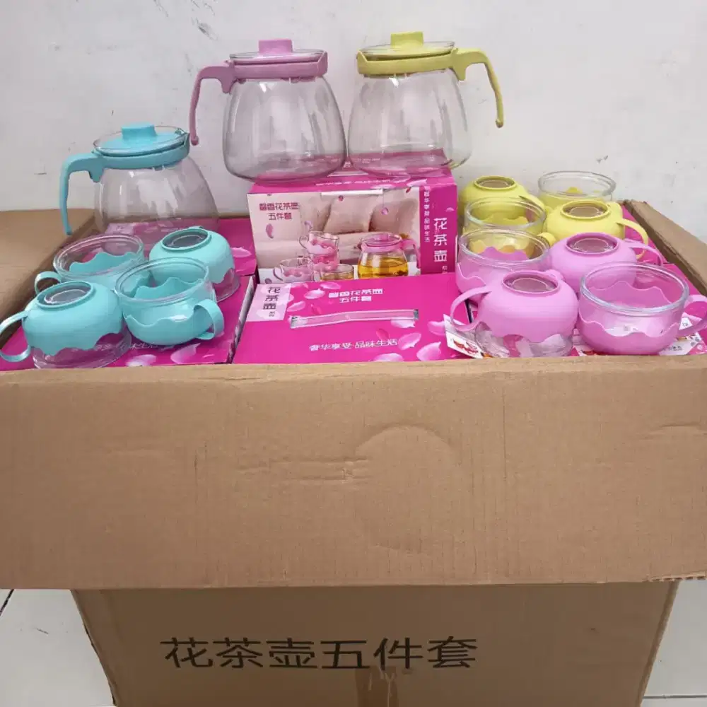 Teko/ Tea Pot Set Kaca 5 in 1 Lucu Murah