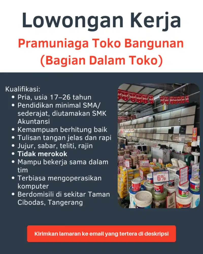 Lowongan Kerja - Karyawan Staff Toko Bangunan (bagian dalam toko)