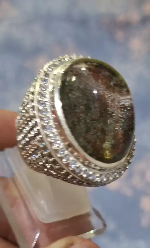 Batu natural rock crystal quartz perak microsetting