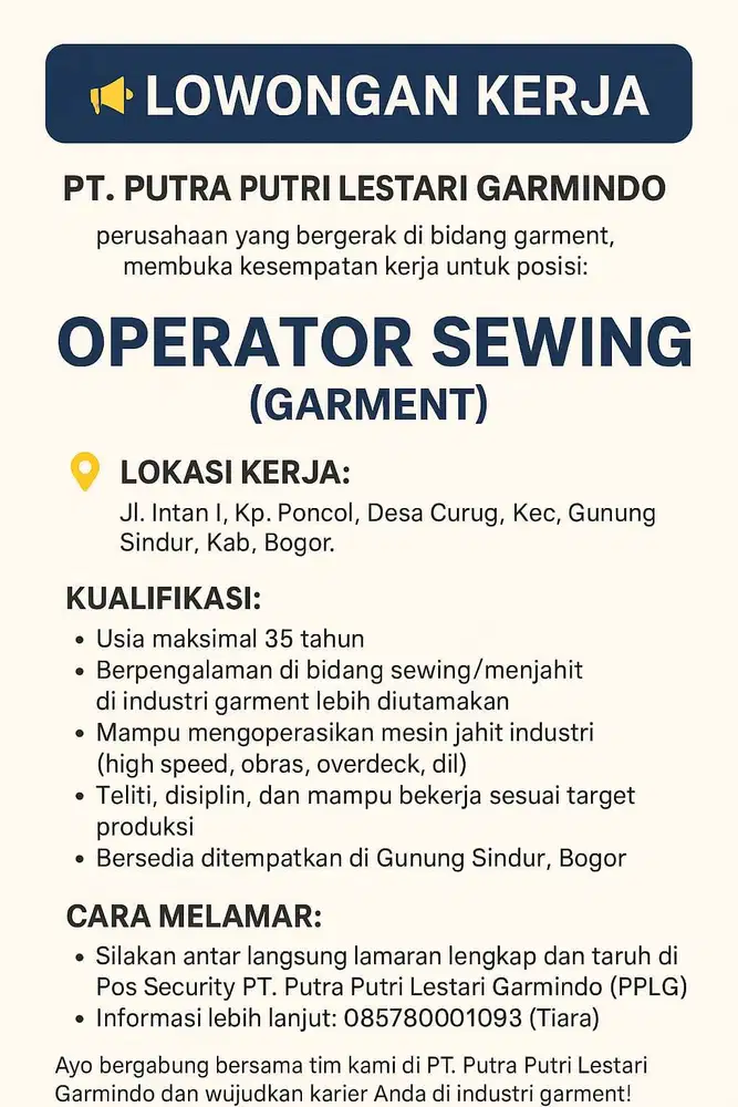 LOWONGAN OPERATOR JAHIT (GARMENT)