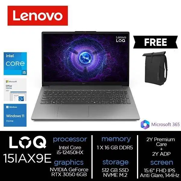 Lenovo LOQ 15IAX9E EHID Intel Core i5-12450HX 16GB 512GB SSD W11 OH24