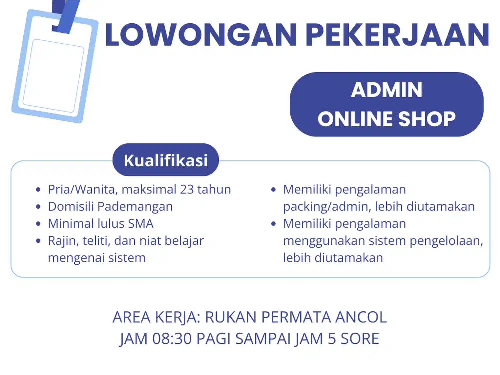 DICARI ADMIN TOKO ONLINE SHOP