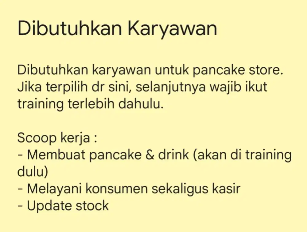 Dibutuhkan karyawan untuk waitress & cooking