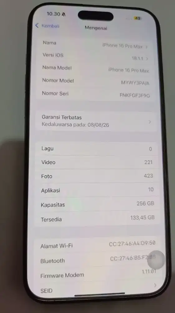 iPhone 16 Pro Max 256 GB Natural Titanium bh 100% siklus 6 grs 7/8 bln