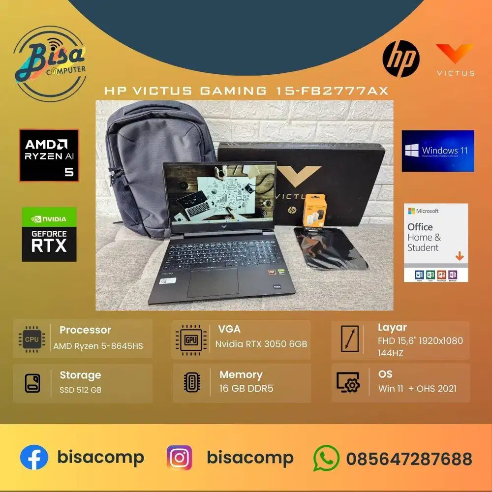 HP Victus Gaming 15 AMD ryzen 5-8645HS SSD 512gb ram 16gb RTX 3050 6gb