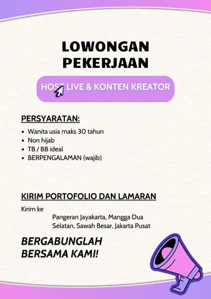 LOWONGAN PEKERJAAN HOST LIVE & KONTEN KREATOR
