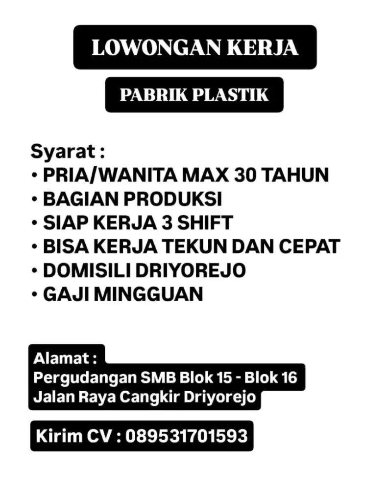 Lowongan Pabrik Plastik