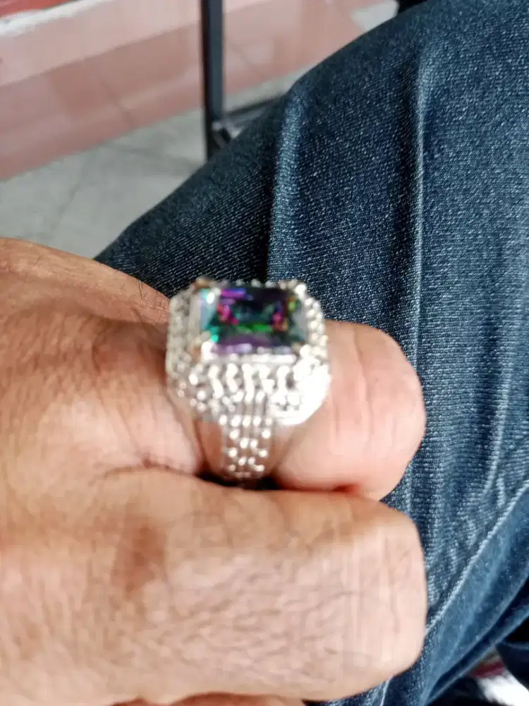 CINCIN PERMATA NATURAL OCTAGON MYSTIC QUARTZ RAINBOW