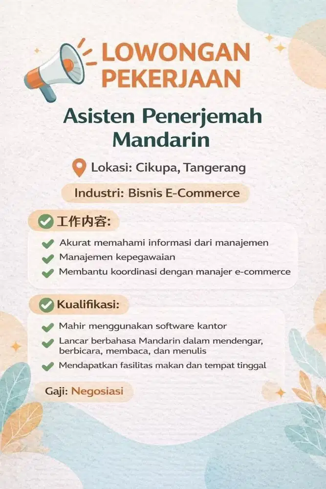 Lowongan kerja CS,konten kreator,penerjemah