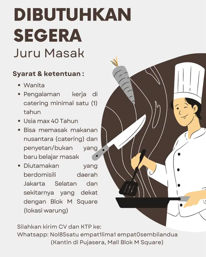 Lowongan Juru Masak di Kantin Blok M Square