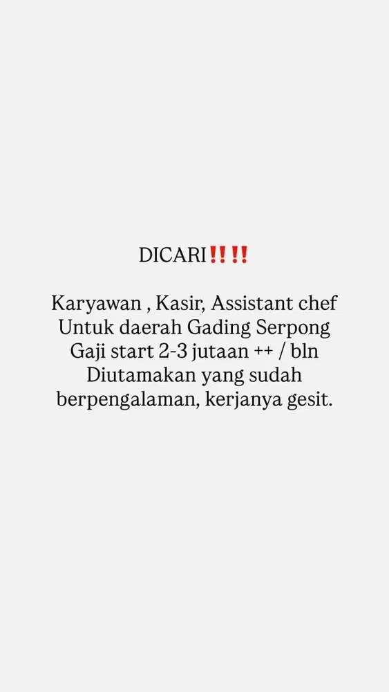 Lowongan kerja Untuk kasir dan Asisten chef