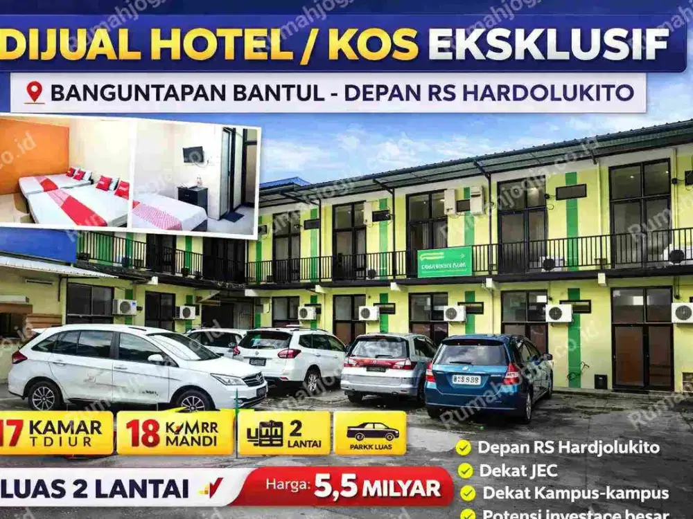 Dijual Hotel / Penginapan 17 Kamar di Banguntapan Bantul – Depan RS Hardjolukito, Cocok Kos Eksklusif