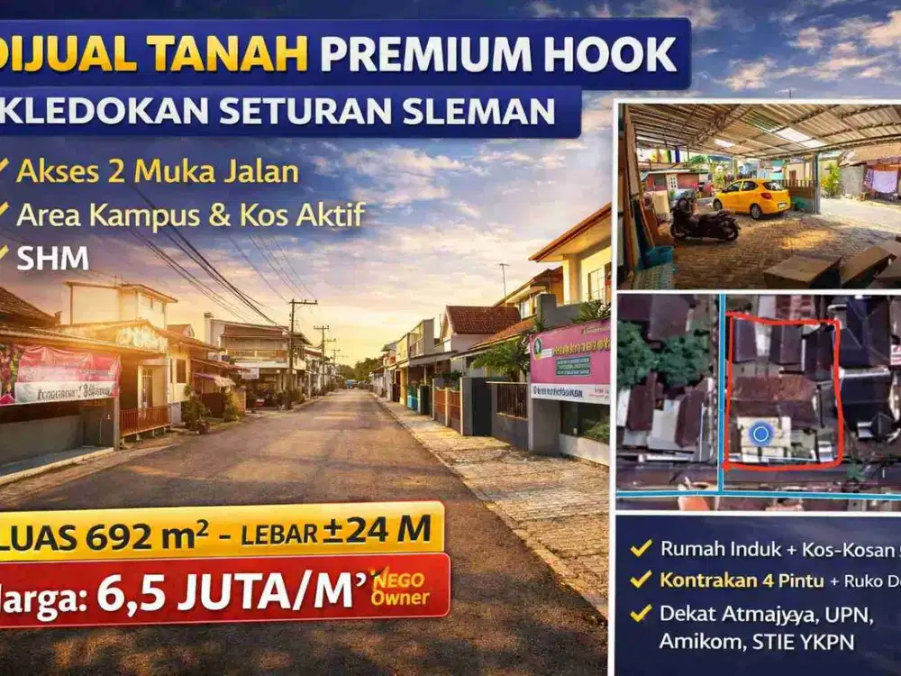 Dijual Tanah Premium Hook di Kledokan Seturan Sleman – 692 m², 2 Muka Jalan, Kawasan Kampus
