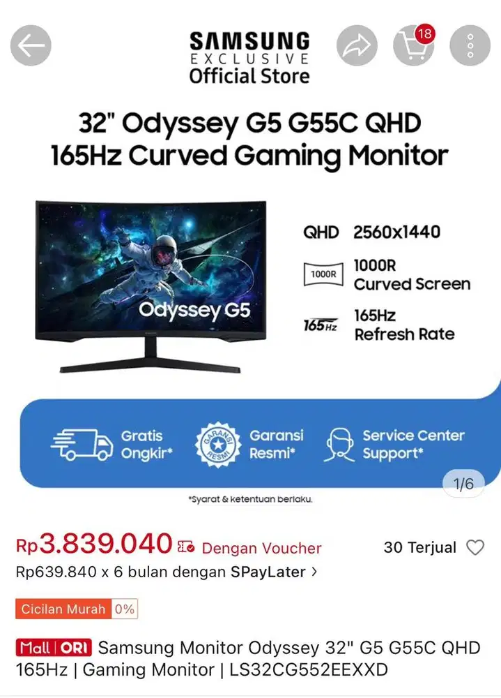 DIJUAL 1 unit Monitor Samsung Odyssey G5 G55C 32” QHD 165Hz Curved