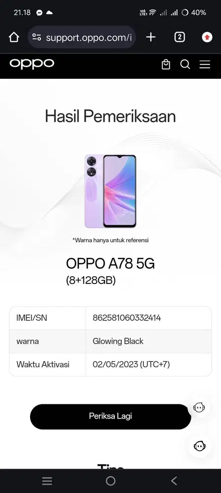 Oppo A78 ram 8/126 support 5G (fulset) IMEI terdaftar
