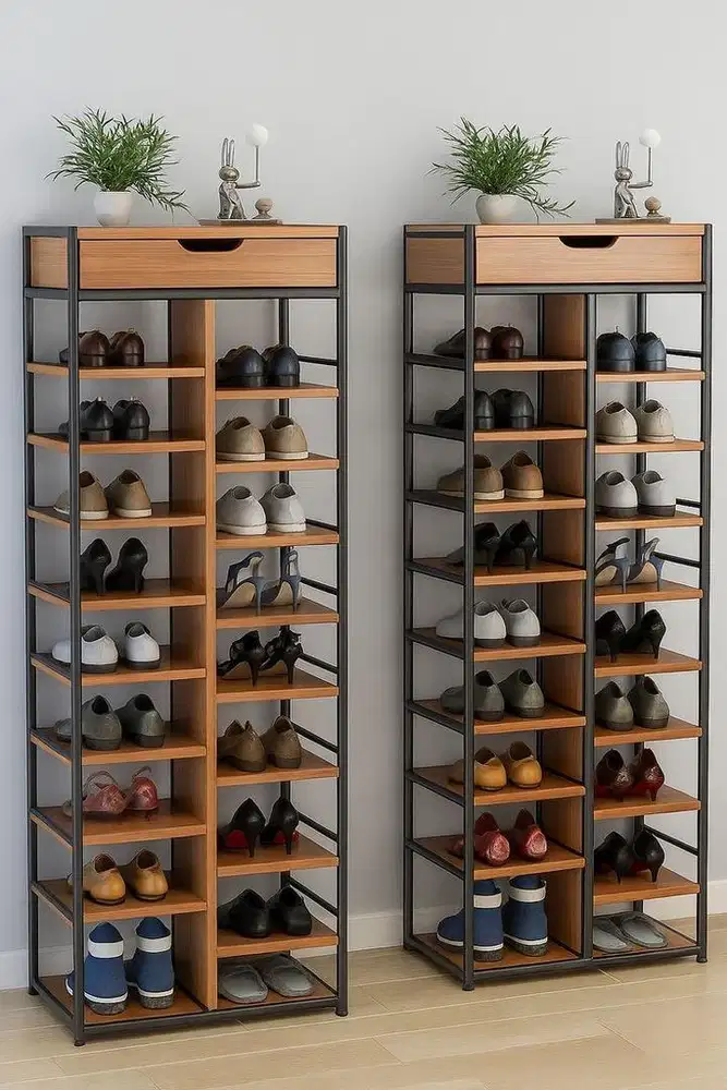 Rak serba guna dari bahan kayu jati dan besi hollow ukuran 150x40