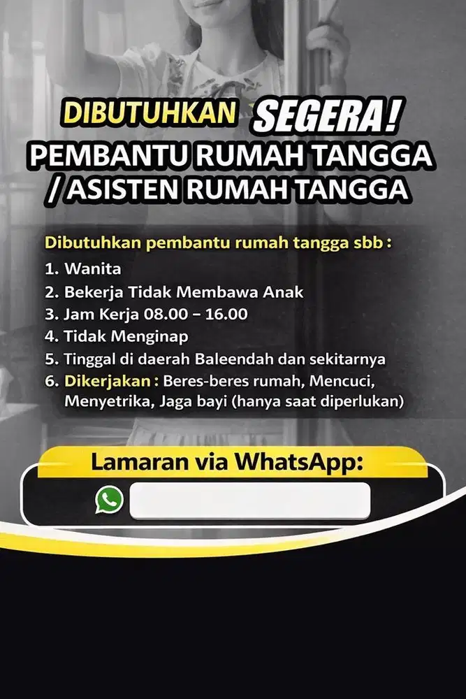 Dicari pembantu rumah tangga pulang pergi