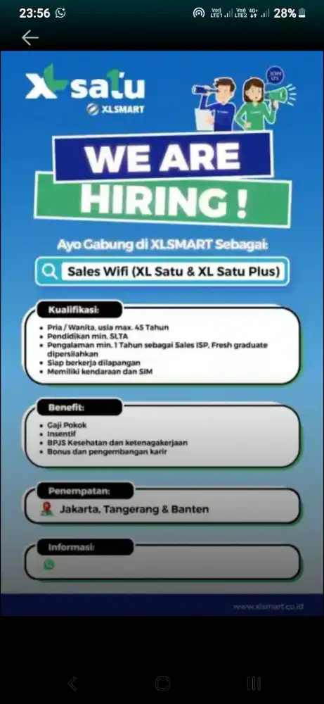 BUTUH CEPAT SALES PENJUALAN WIFI INTERNET XL LANGSUNG KERJA