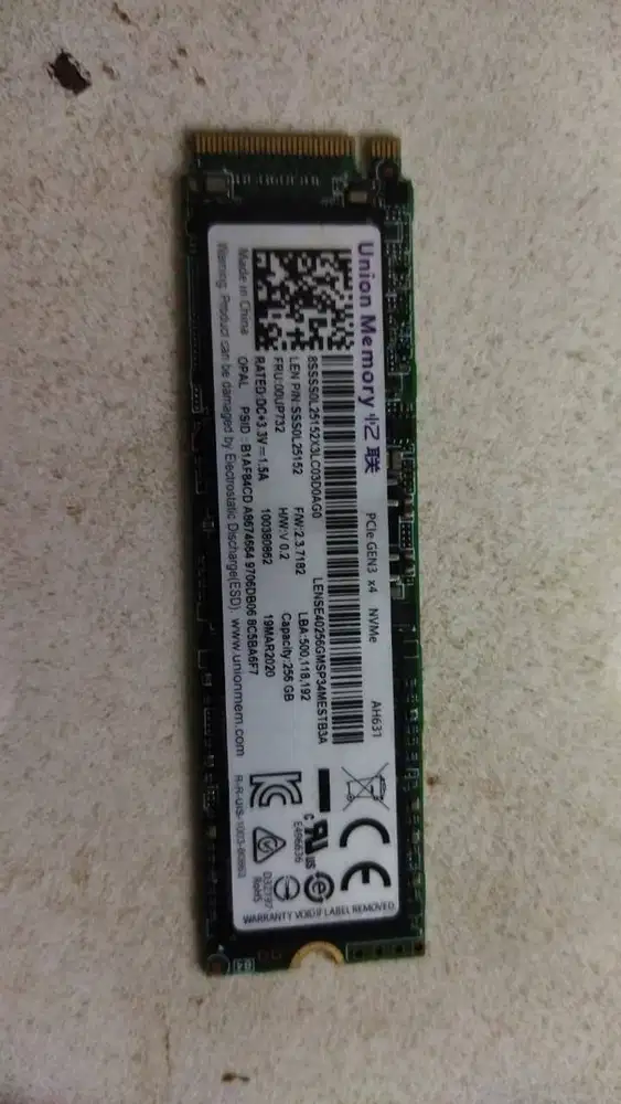 SSD NVMe M.2 PCIe256GB Union Memory Gen3 x4 Bekas Copotan