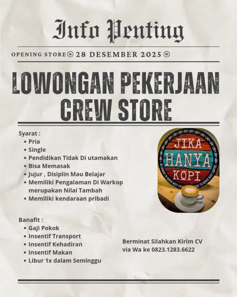 Lowongan Crew Kedai