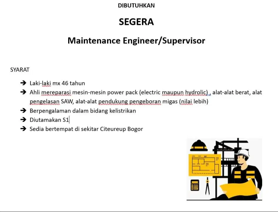 Dicari Maintenance Engineer/Supervisor