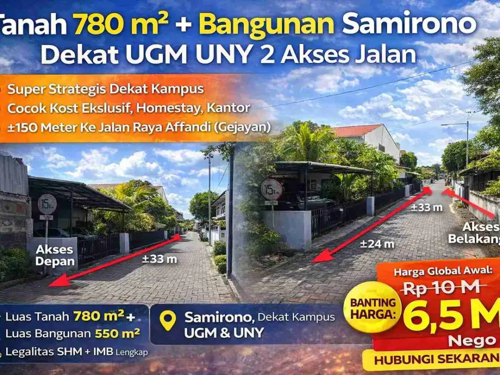 Tanah 780 m² + Bangunan Samirono Dekat UGM UNY 2 Akses Jalan