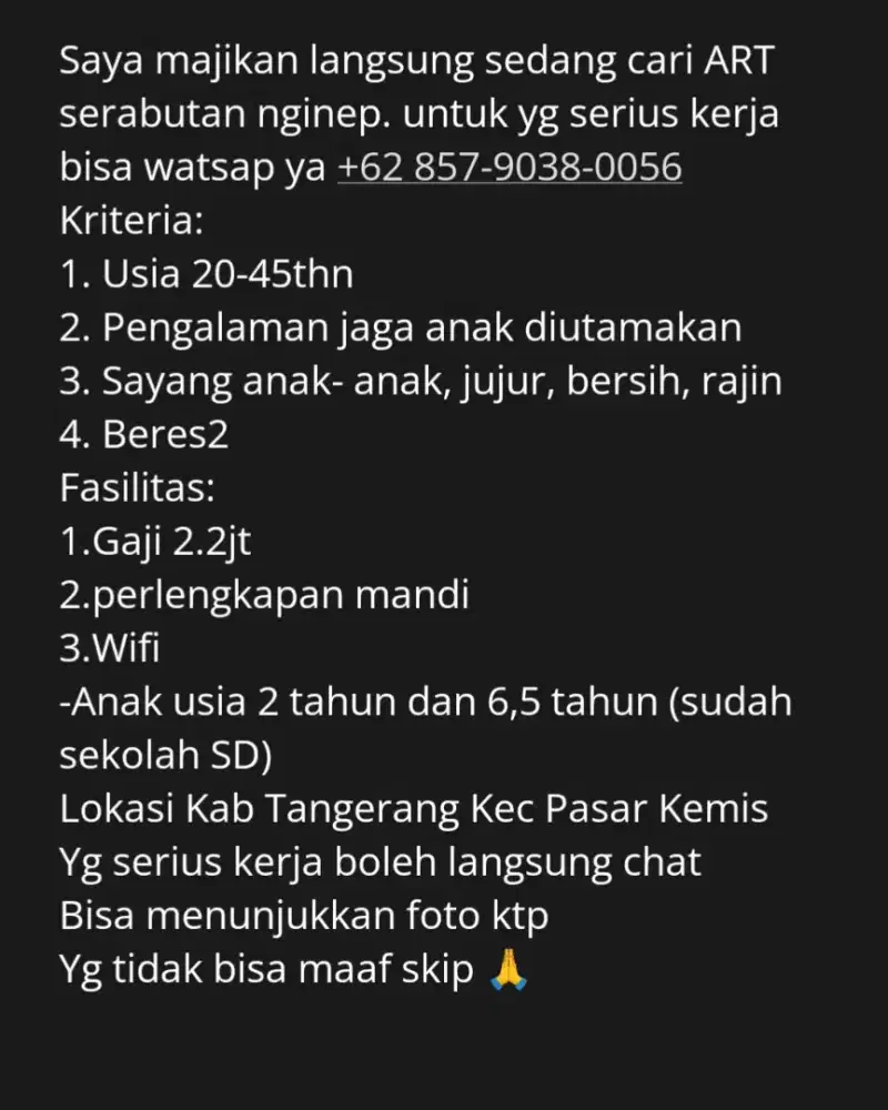 Dicari ART SERABUTAN