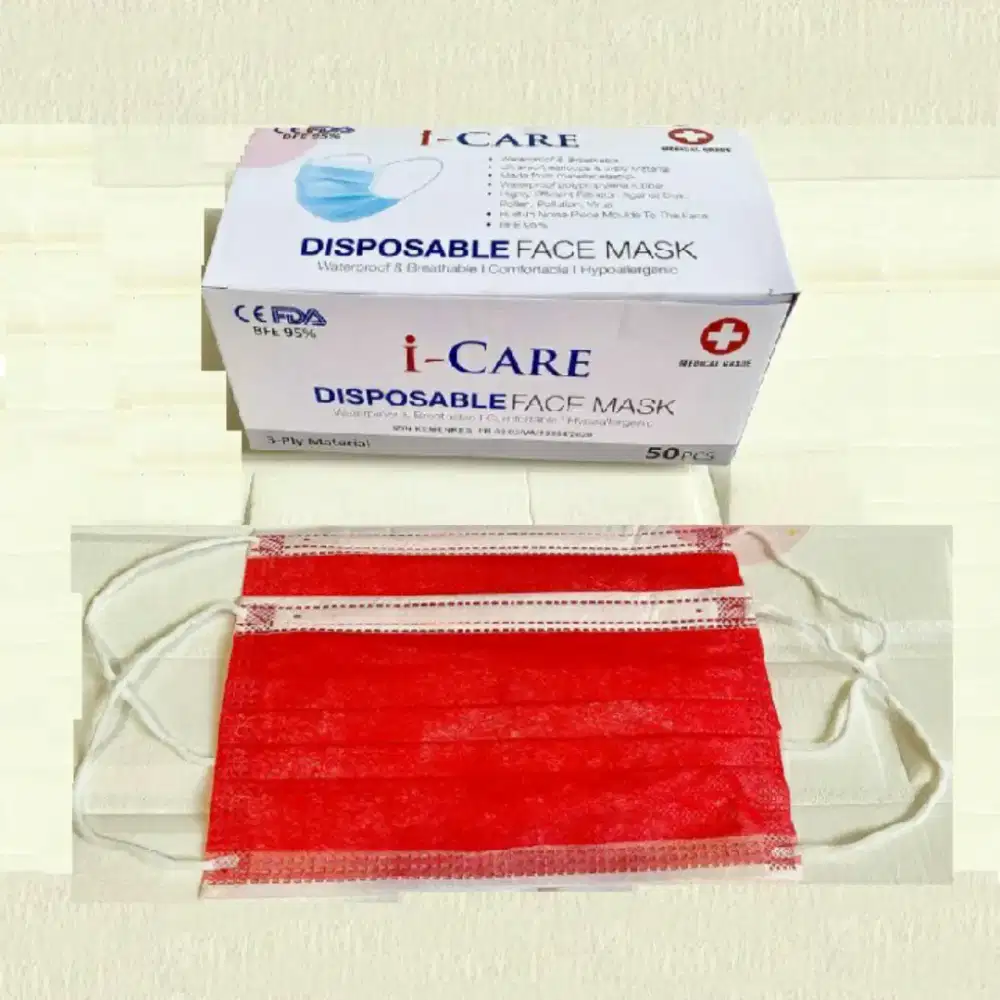 Masker Earloop 3 Ply Warna Merah