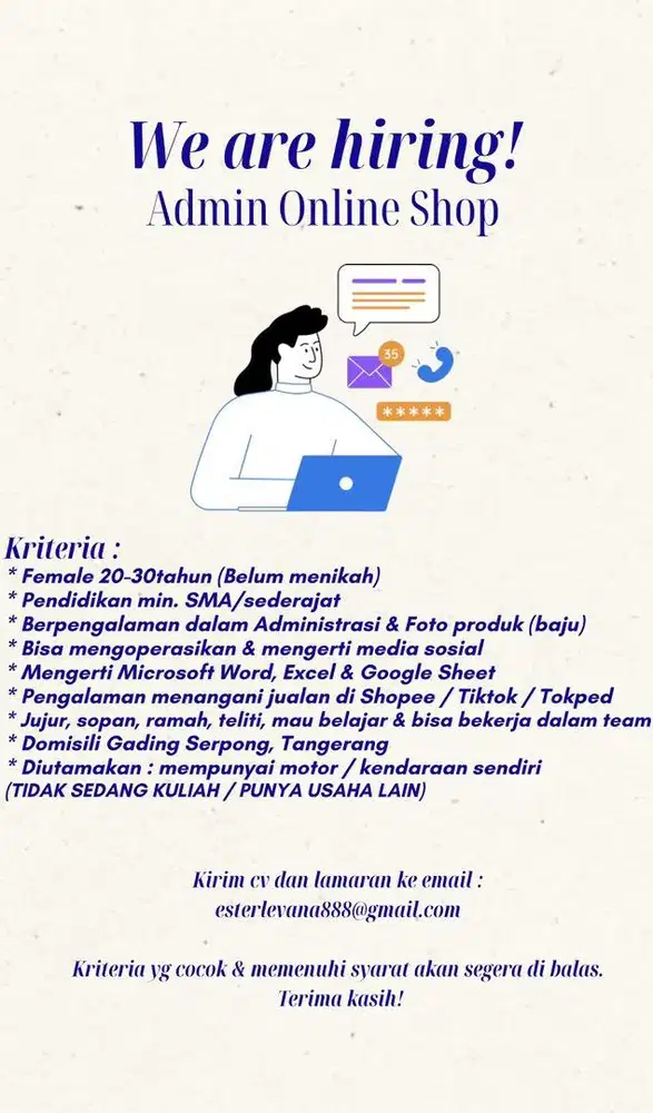 (dicari) Admin Online Shop BAJU area gading serpong tangerang
