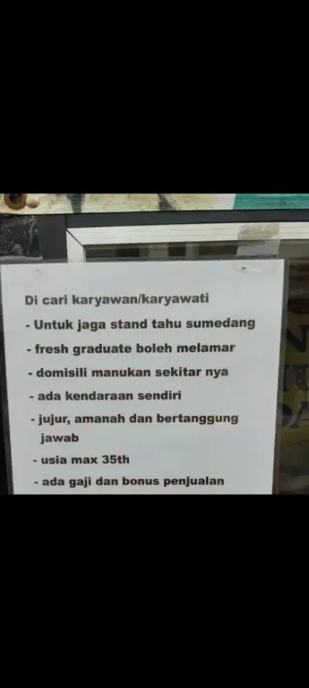 Dicari karyawati jaga stand tahu sumedang