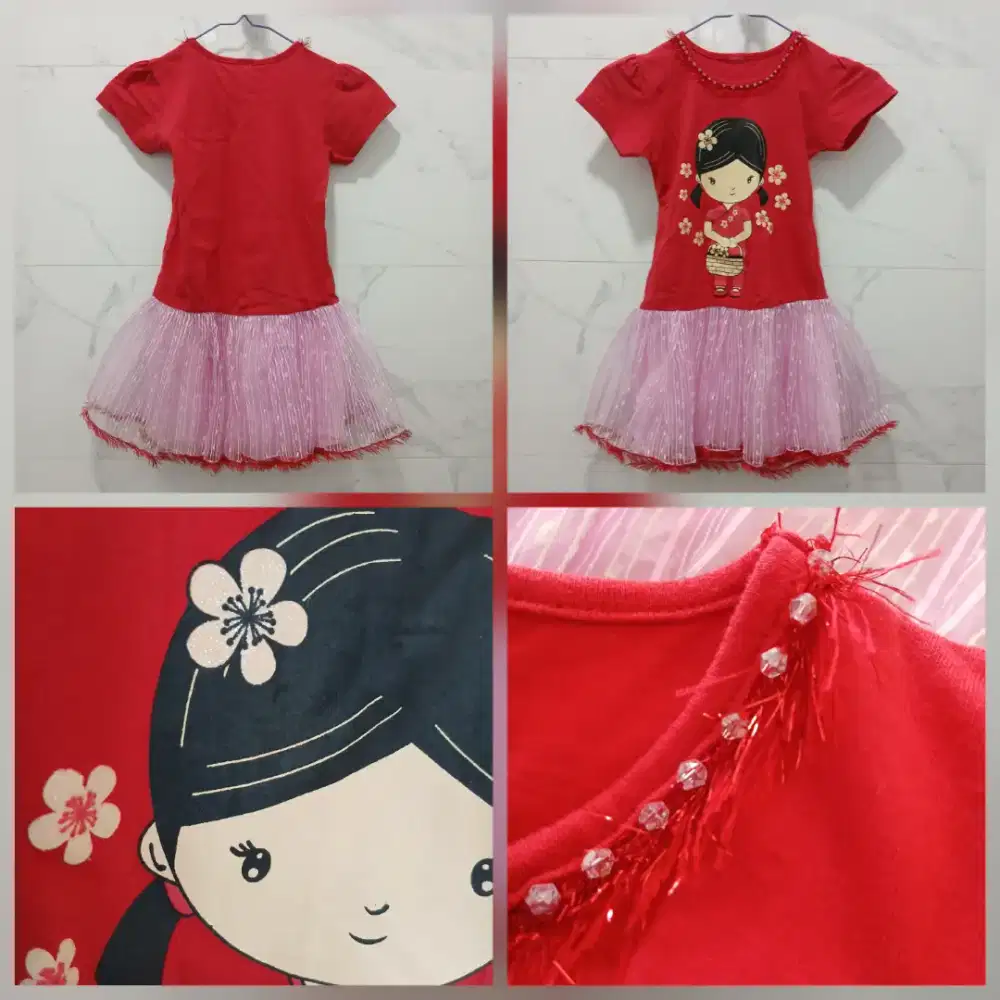 Baju dress sablon rok tutu anak perempuan size S, preloved
