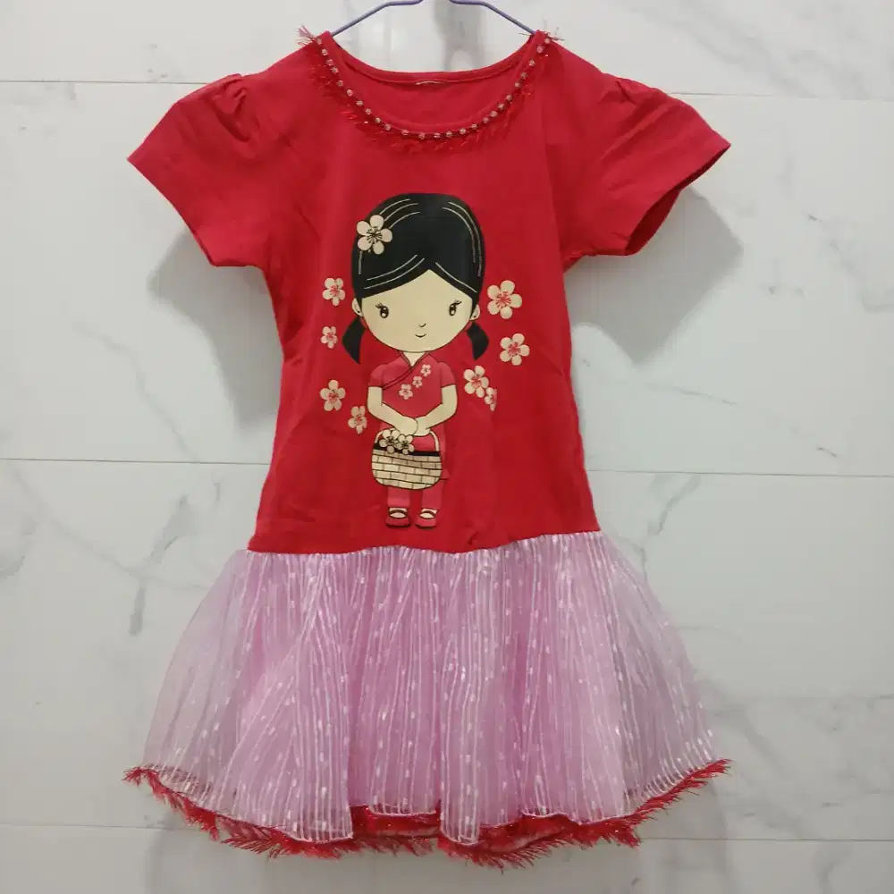 Baju dress sablon rok tutu anak perempuan size S, preloved