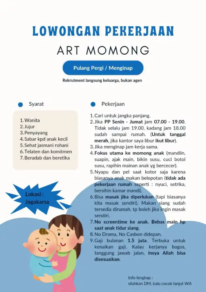 Loker art momong anak PP / Menginap
