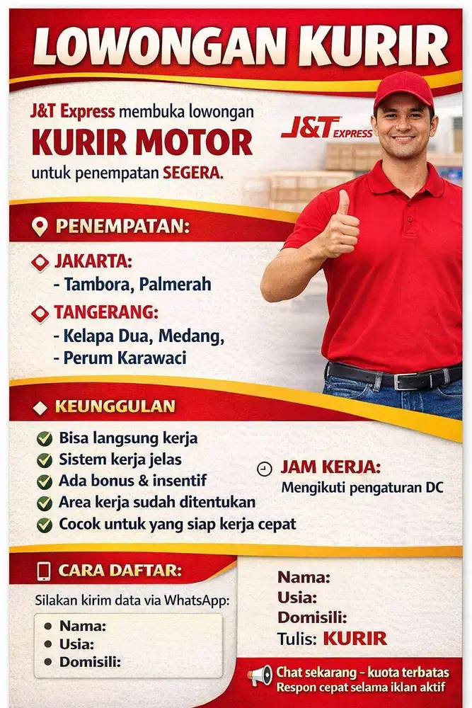 BUTUH CEPAT! KURIR MOTOR J&T – SIAP KERJA LANGSUNG