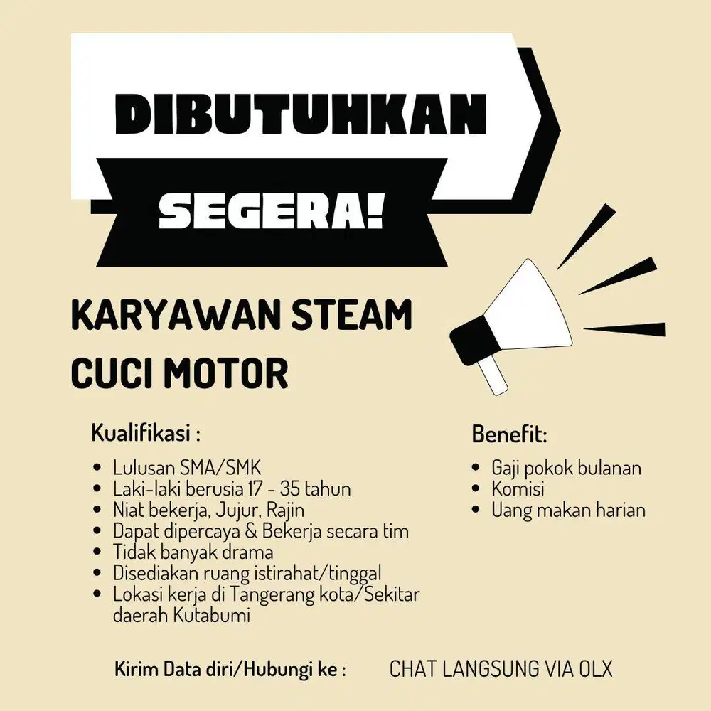 LOWONGAN KERJA STAFF STEAM CUCI MOTOR DAN STAFF BOOTH MINUMAN
