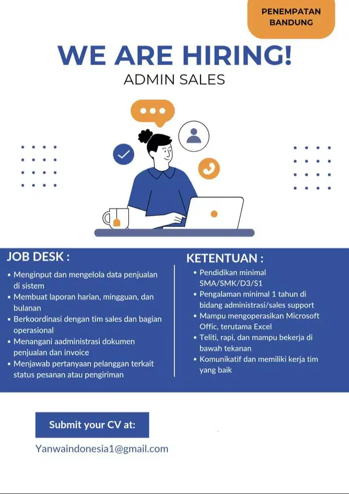 DIBUTUHKAN SEGERA ADMIN SALES