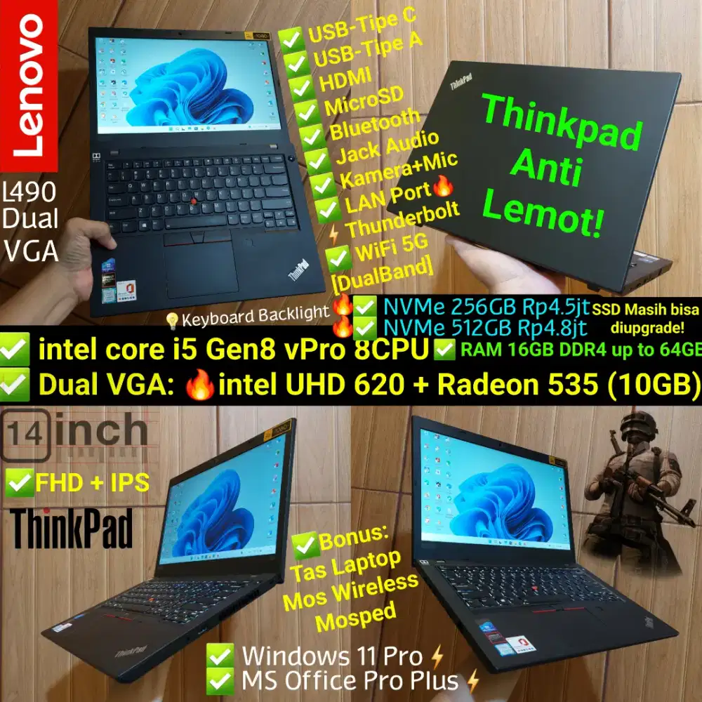 Thinkpad Dual VGA Core i5 RAM 16GB NVMe 256GB 512GB Laptop Lenovo L490