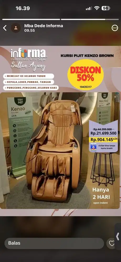 Beli kursi pijat bisa pakai HOME CREDIT syarat ktp saja