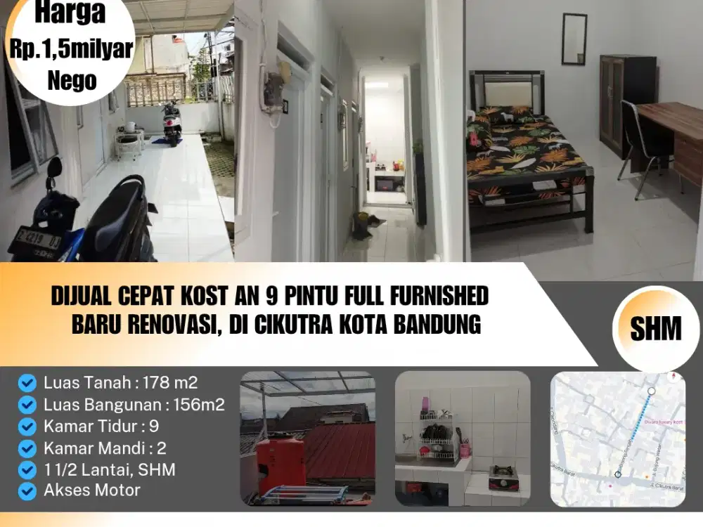 Dijual Cepat Kostan 9 Pintu Full Furnished
Cocok Untuk Investasi
Baru Renovasi, Lokasi Kost an di Cikutra Dekat Jl. Pahlawan Kota Bandung