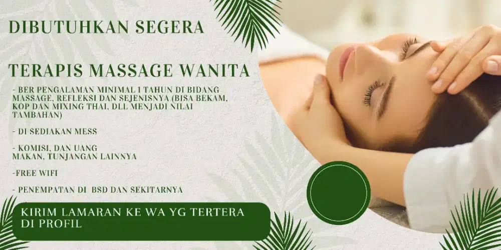 Di butuhkan segera terapis wanita pijat refleksi bekam totok wajah