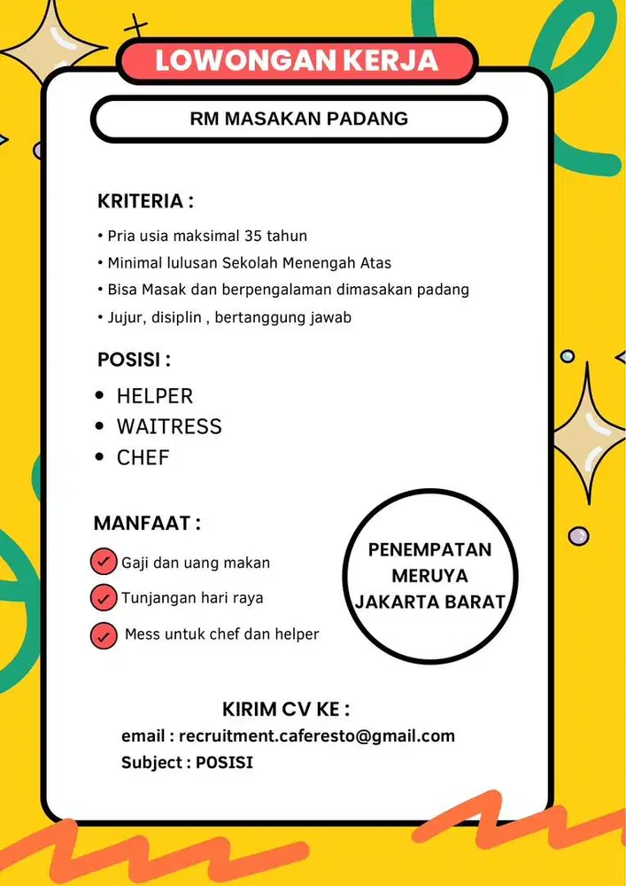 Lowongan cheff helper waitress