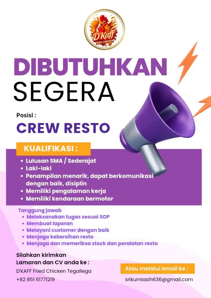 Dibutuhkan Crew Outlet Fried Chicken