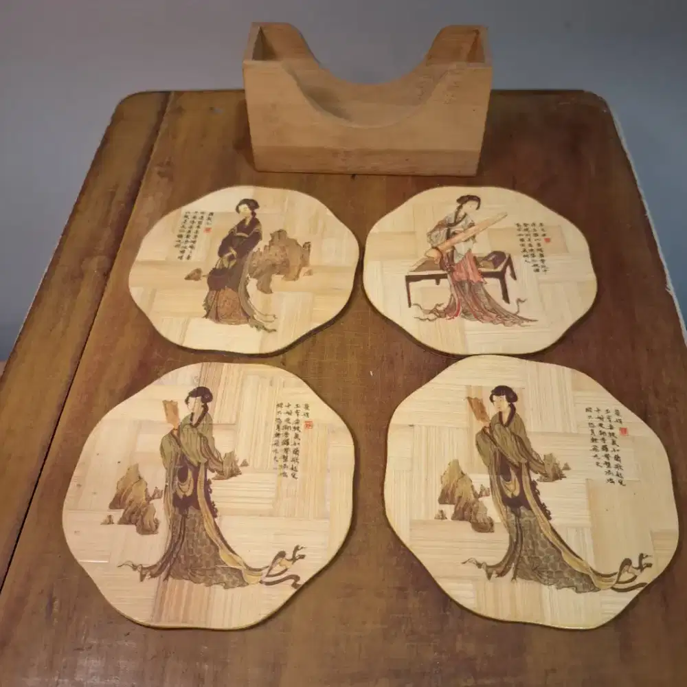 Tatakan Alas Gelas Bambu China Motif Lukisan Antik Vintage Jadul
