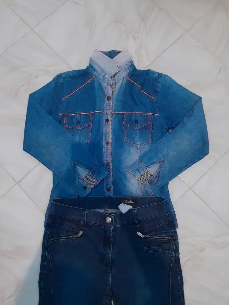 Preloved one set kemeja jeans + celana jeans