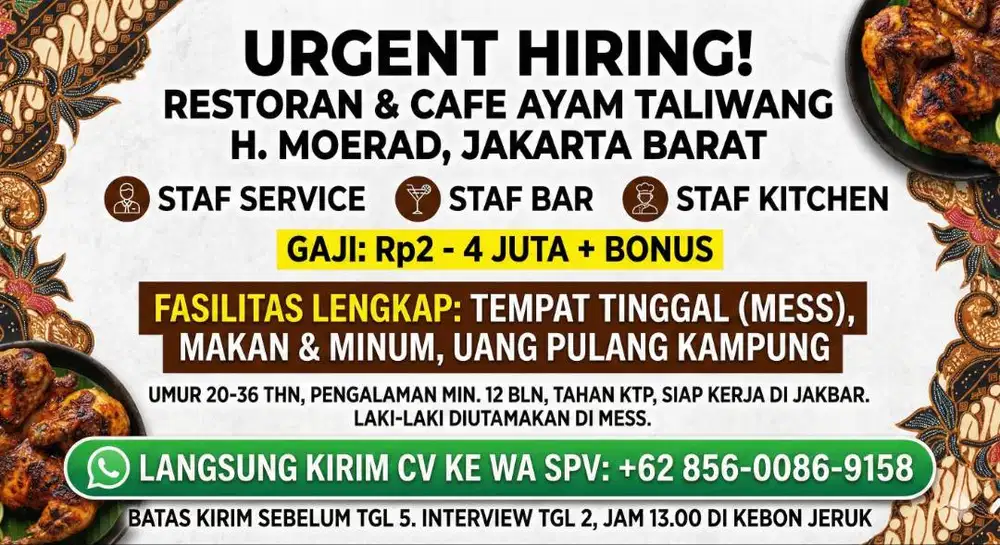 DIBUKA LOWONGAN KERJA RESTORAN & CAFE – LANGSUNG KERJA!!